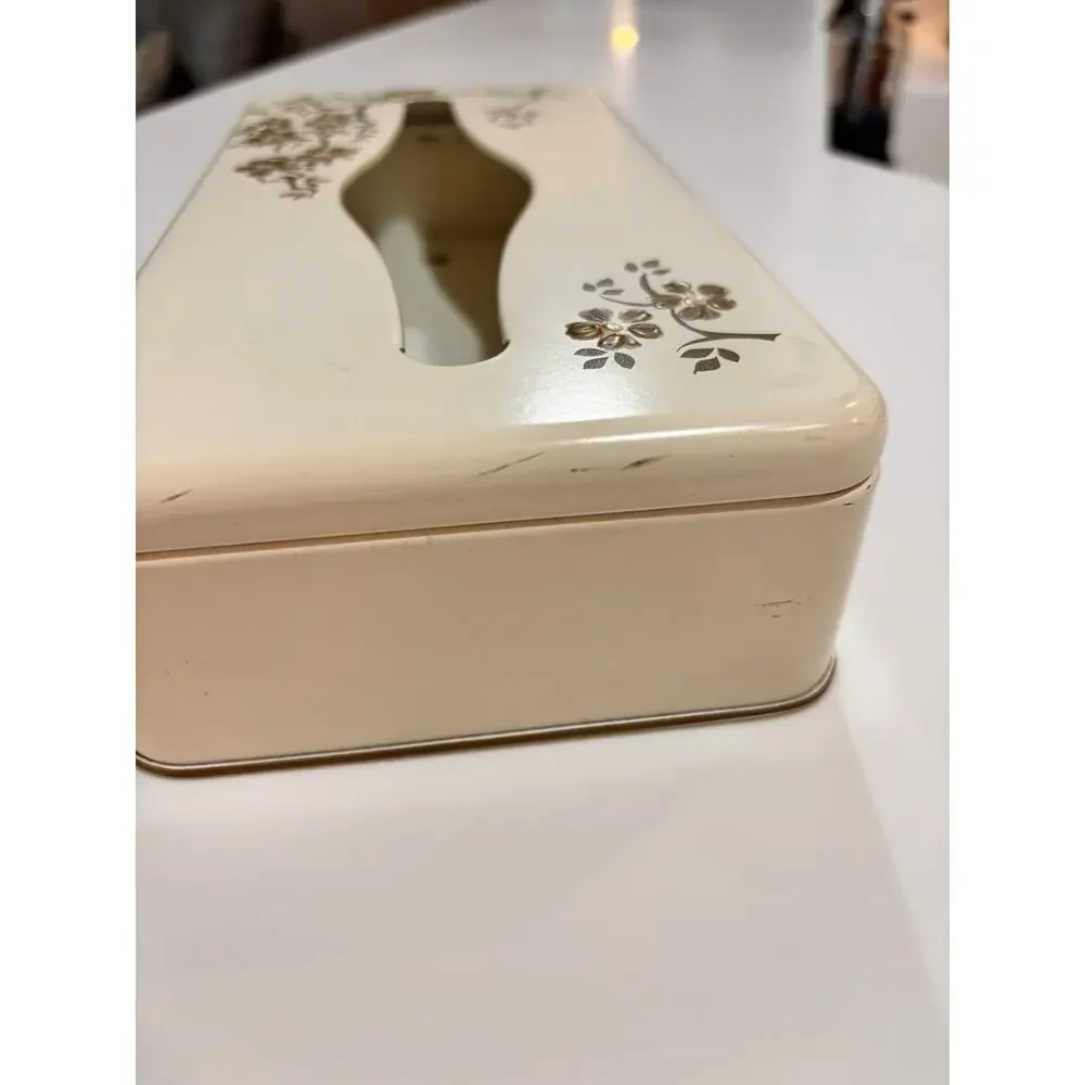 Vintage 70s Ransburg Metal Gold Floral Tissue Kleenex Box Dispenser Wall Mount